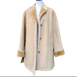 Fleet Street FS Limited Faux Suede Shearling Coat Tan Fur Trim Size Large VTG
